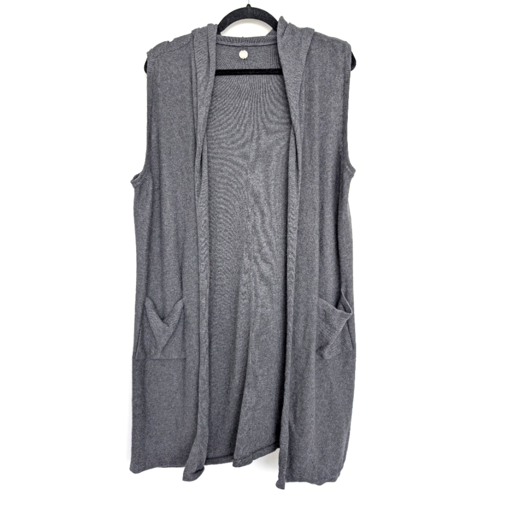 Mersea Cashmere Cotton Blend Gray Sleeveless Hooded Cardigan w Pockets One Size